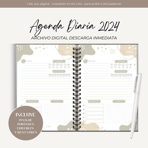 Agenda Imprimible 2024 Diaria Color Premium + Regalo Extra