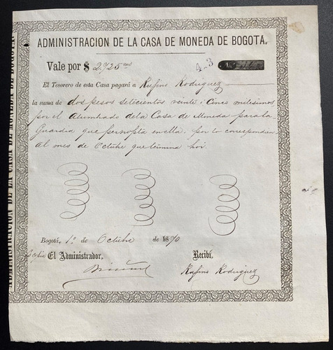 Vale De La Casa De Moneda De Bogotá 1870 Grande