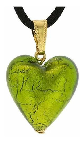 Collar - Murano Glass Heart Pendant - Lime Green And Gold
