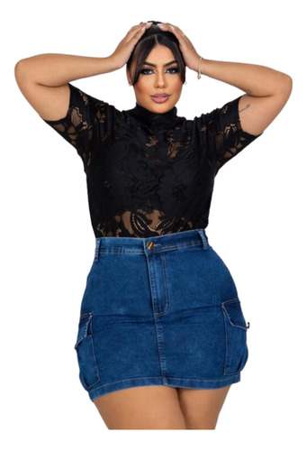 Saia Cargo Plus Size Jeans Escuro Barra Feita Curta Feminina