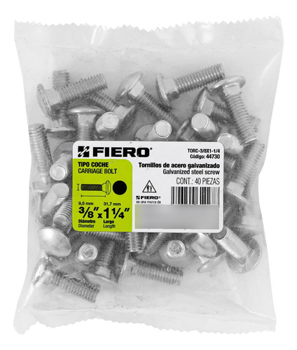 Tornillo Tipo Coche Galvanizado 3/8 X 1-1/4' 40 Piezas 44730