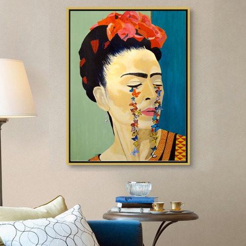 Cuadro Frida Kahlo Mariposas Moderno Canvas Estilo Oleo Hd Color Multicolor Armazón Bastidor De Madera
