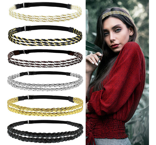 6x Diademas Trenzadas Boho Hippie Banda De Pelo Ajustable