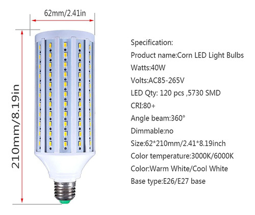 Bombilla Led De Maíz Equivalente A 300 W, Base E26/e27, 3000