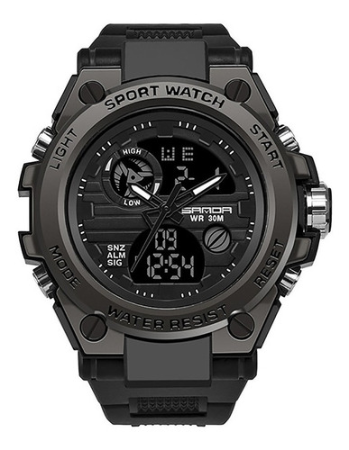 Reloj pulsera Sanda 739 de cuerpo color negro, analógico-digital, para hombre, fondo negro, con correa de poliuretano color negro, agujas color negro y blanco, dial negro, subesferas color negro y gris, minutero/segundero blanco, bisel color negro, luz celeste y hebilla simple