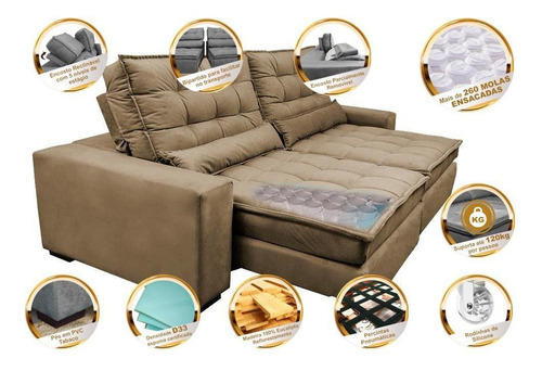 Sofá Retrátil e Reclinável com Molas Ensacadas Cama inBox Gold 2,52m Tecido Suede Velusoft Castor