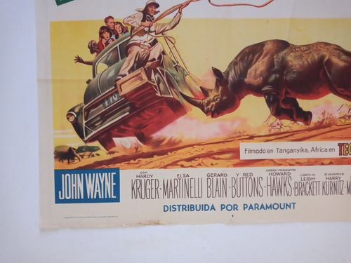 Afiche Cine Antiguo Hatari John Wayne Howard Hawks Safari (Usado)