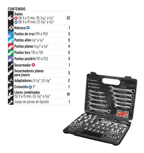 Imagen 3 de 8 de Juego Herramientas Llaves Tubos Set-100 Kit Mecanica 1/4 3/8