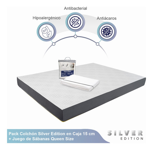 Colchón Queen Size En Caja 15 Cm Altura + Juego De Sábanas Blanco Con Gris