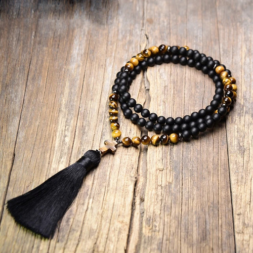 Japa Mala 108 Cuentas Ojo De Tigre Y Onix Mate Yoga Meditaci