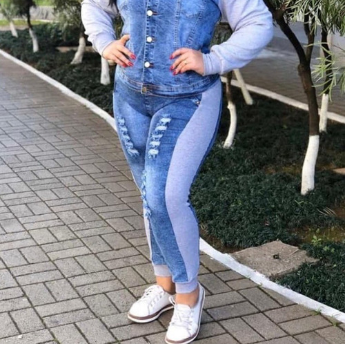 Imagem 1 de 2 de Calça Jeans Plus Size Feminina Cintura Alta Detalhes Moletom