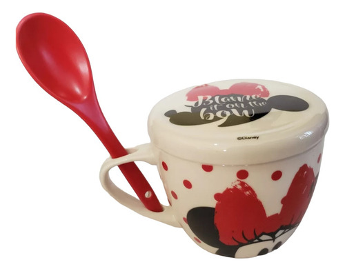Taza Sopera Con Tapa Y Cuchara Minnie Mouse 580ml. Porcelana
