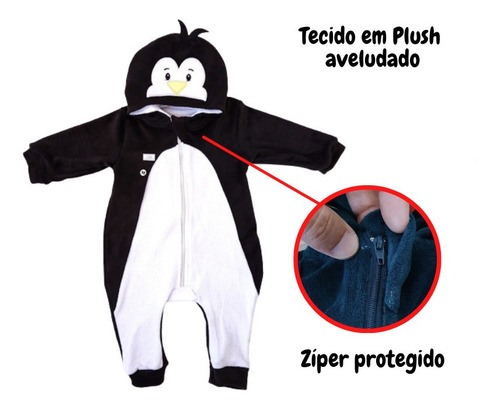 Imagem 4 de 8 de Macacão Para Bebê Pinguim Plush Com Ziper E Capuz Bichinhos