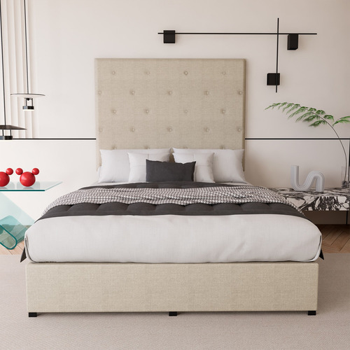 Recamara Cama Cabecera Quintana King Size Madera Tapiz Beige