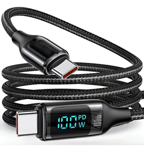 Cabo Carregador Rápido 100w Turbo Mostrador Led Usb Tipo C Preto