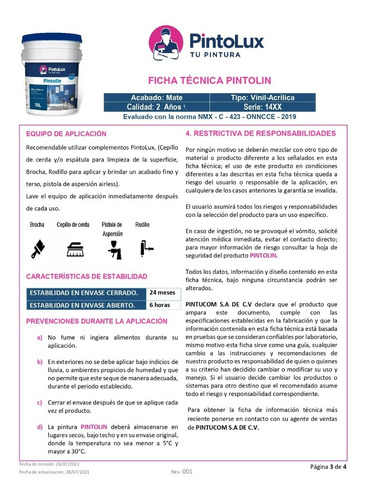 Pintura Pintolux Pintolin Galón 4 Litros Vinil Acrílica
