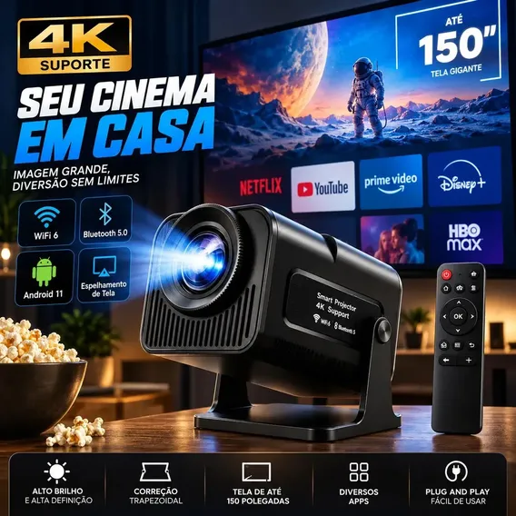 Projetor Mini HY320 Smart TV Android WiFi 6 390 ANSI Lumens Full HD Suporte 4K HDMI Bluetooth 85-200 Polegadas Alto Falante Com Controle Remoto Bivolt Portátil VLX