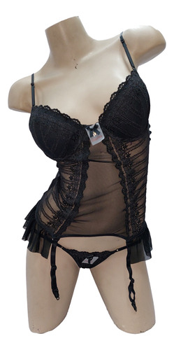 Corset Taza Soft + Tanga Y Portaligas De Tul Bordado Sexy