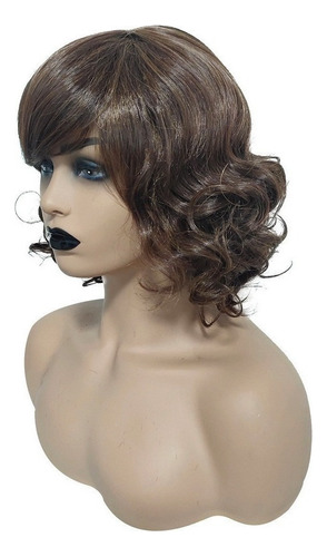 Peluca Cabello Ondulado Corto Mullido Castaño Mujer