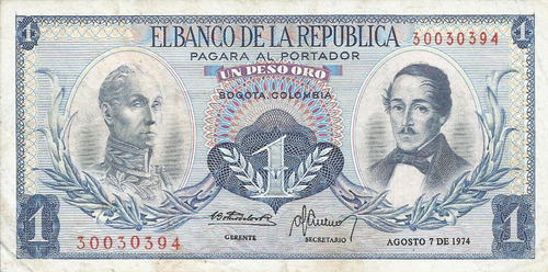 Colombia  1 Peso Oro 7 De Agosto 1974