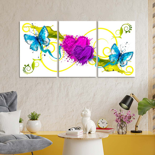 Cuadros Trípticos Abstracto Corazones Y Mariposas (90x40 Cm)