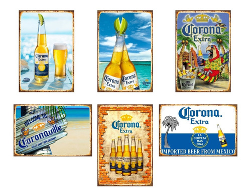 6 Carteles Metalicos Cerveza Corona Playa, Clasica 20 X 30 