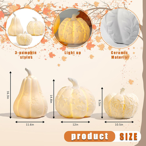 Juego De 3 Calabazas Grandes De Cerámica Con Luz, Calabazas