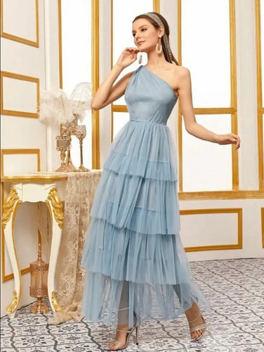 Maxi Vestido De Fiesta Elegante Un Solo Hombro Olanes En Tul | Meses sin  intereses