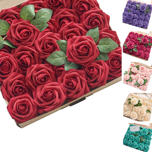 25 Rosas Artificiales De Espuma Realista Con Tallos Con Caja