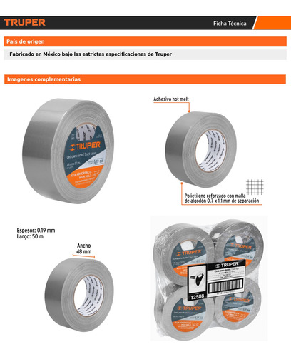 12588 Cinta Gris Para Ducto 48 Mm X 50 Mt 1 Pza. Truper
