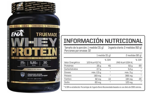 Suplemento en polvo ENA Sport True Made proteínas sabor vanilla ice cream en pote de 930g