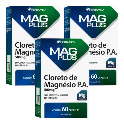 Mag Plus Cloreto De Magnésio P.a 500mg Kit 3 Cx 60 Cáps Cd