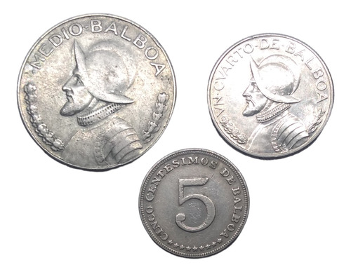 Monedas De Panamá 1/2, 1/4 Balboa Y 5 Céntimos 3 Piezas 
