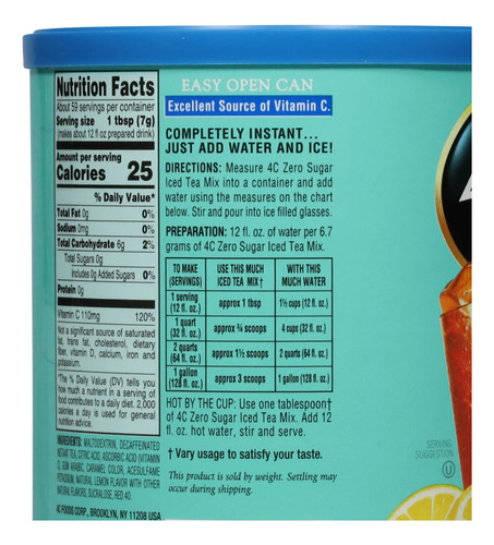 4c Te Frío Sabor Limón Sin Azúcar 394 G (13.9 Oz)