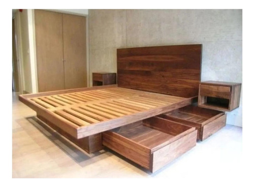 Cama Flotante Matrimonial Madera Eucaliptus Con Mesas De Luz