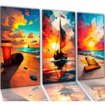 Comprar Quadros Decorativos Por Do Sol Na Praia 3 Peças Mdf 120x60