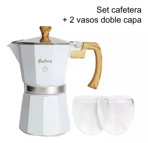 Set Caja Cafetera Blanca Hudson + 2 Taza Vidrio Termicas Bz3