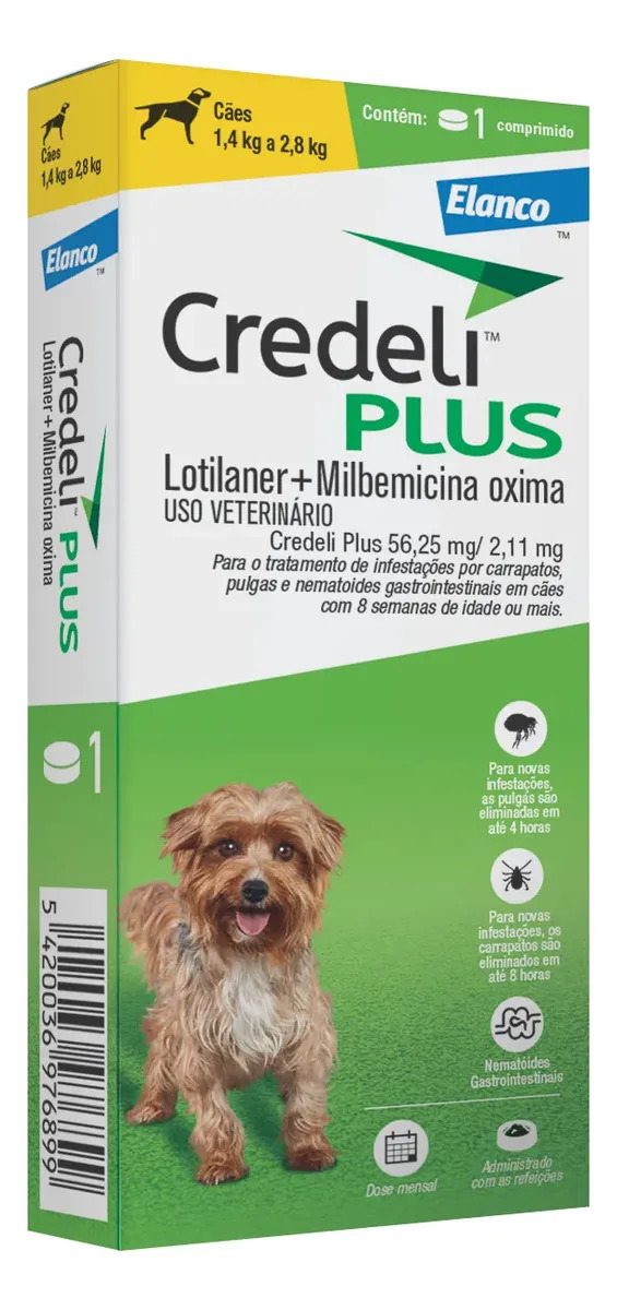 Credeli Plus Para Cães 1,4kg a 2,8kg 56,25mg | Antipulgas, Carrapatos e Vermífugo | 1 Comprimido Original Elanco