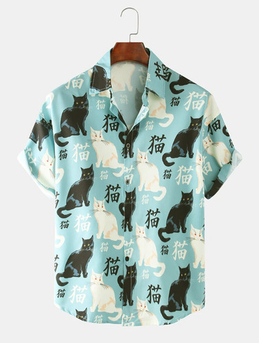 Camisa Con Figuras De Gatos Para Hombre Guayabera Hawaiana