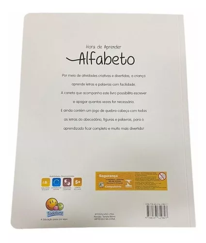 Livro Infantil Alfabetização: Hora de Aprender Alfabeto com Quebra Cabeça -  Escolinha Todolivro - Escreve e Apaga