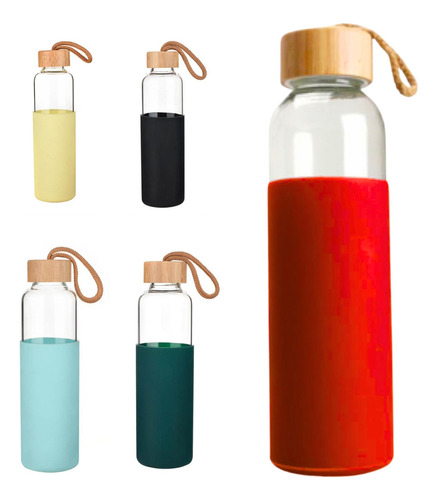 Botella De Vidrio Para Agua Bebidas Tapa De Bambu Silicona Color Rojo