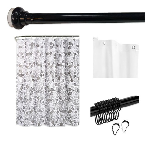 Combo De Baño Con Cortina De Ducha Protector Barral Ganchos Piedras Gris