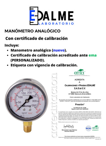 Manómetro Calibrado 1000 Psi (certificado Ante Ema)