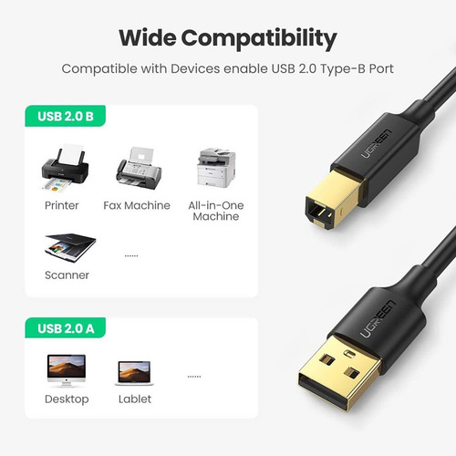 Imagen 2 de 7 de Cable Usb Impresora Ugreen A Tipo A Conector Cuadrado 1.5m