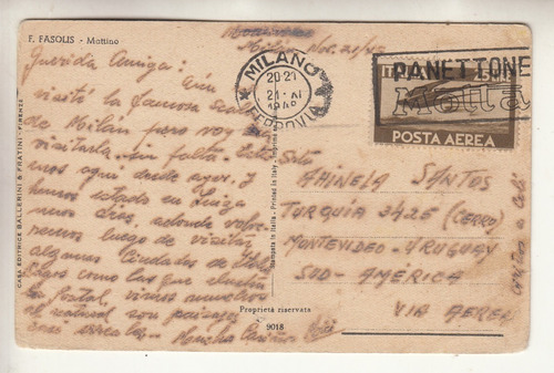 1949 Postal Italia A Uruguay Con Matasellos Panettone Motta 