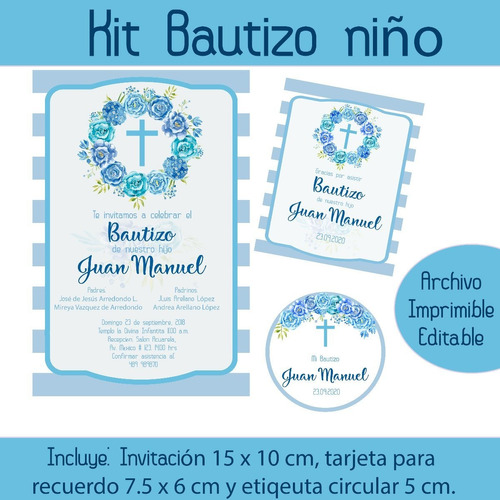 Kit Imprimible Editable Bautizo Niño