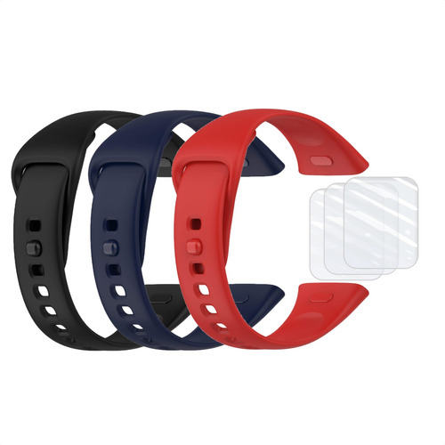 3 Pulseiras Silicone + 3 Películas Para Xiaomi Redmi Watch 3 Cor Preto / Azul-marinho / Vermelho