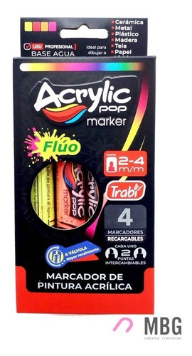 Imagen 1 de 2 de Marcadores Trabi Acrylic Pop 2-4mm X4 Fluo