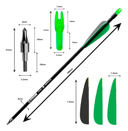 6 Flechas Carbono Arco Nature 30 + 6 Pontas Caça B13 Vixion Cor Verde