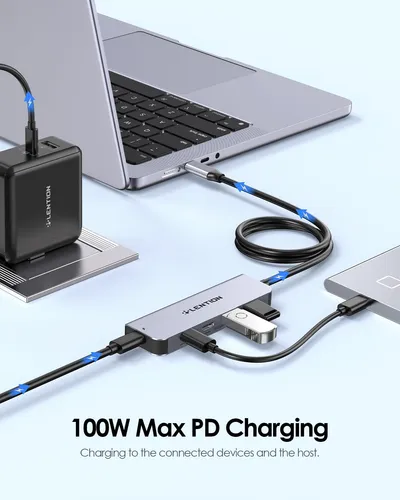 Hub Usb C 2 Pies 4 Puertos 10 Gbps Carga Pd 100 W Gris